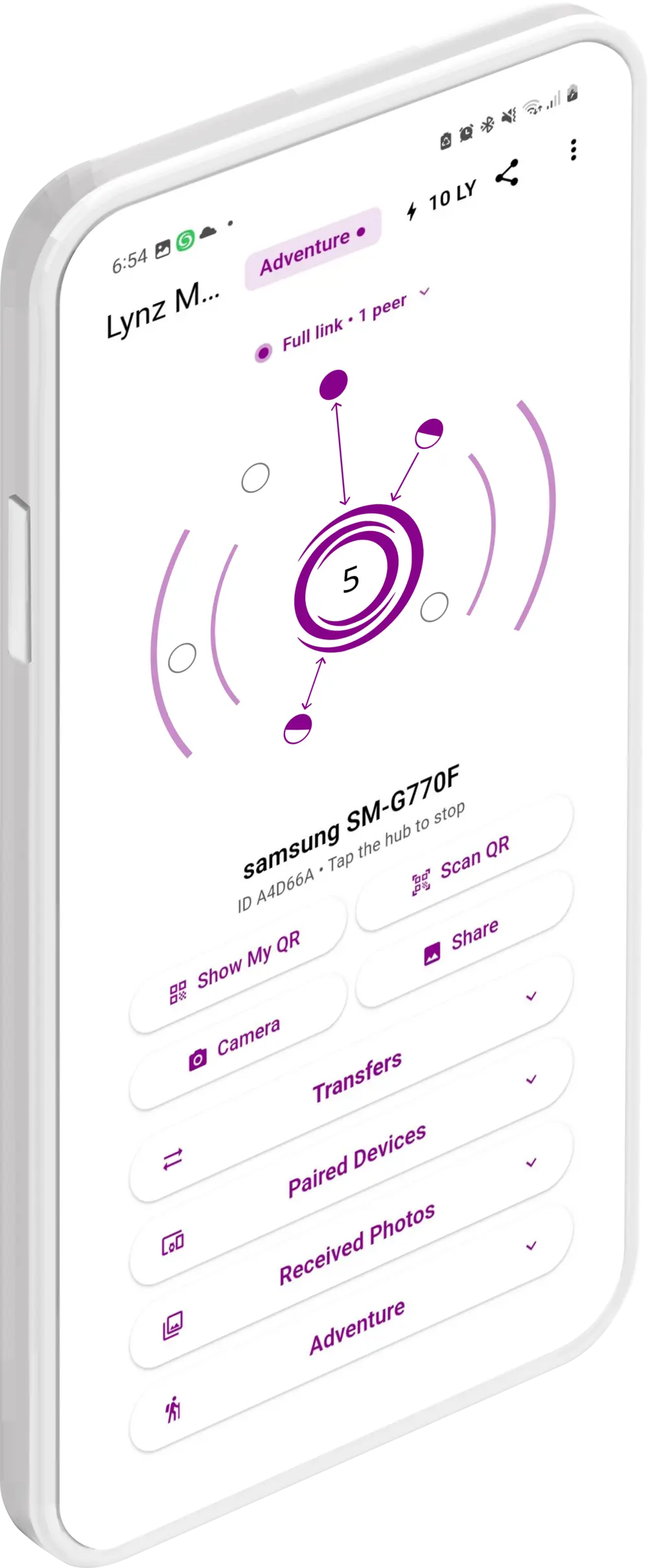 Lynz in its Adventure plan: the sharing hub with a magenta connection ring
