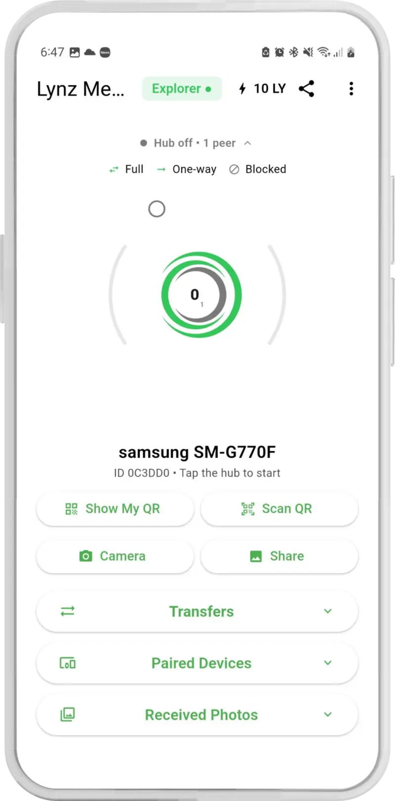 Lynz Android app in the Explorer plan: the sharing hub with a green ring, ready to start sharing