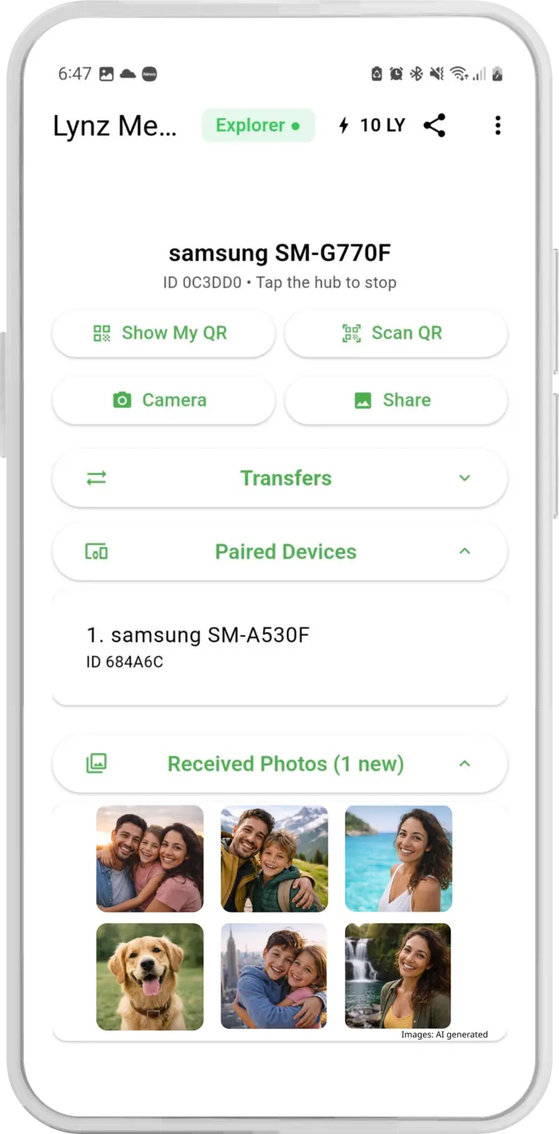 Lynz Android app in the Explorer plan: paired devices and received photos